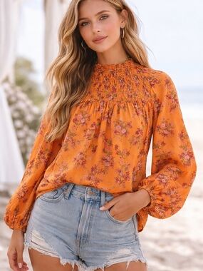 Orange Floral Boho Blouse Smocked Neck Long Sleeve XS Viscose